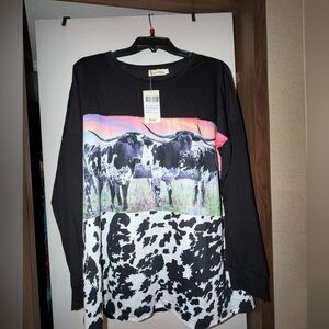 Kids Long-Sleeve Graphic Top in Black with Cow Print